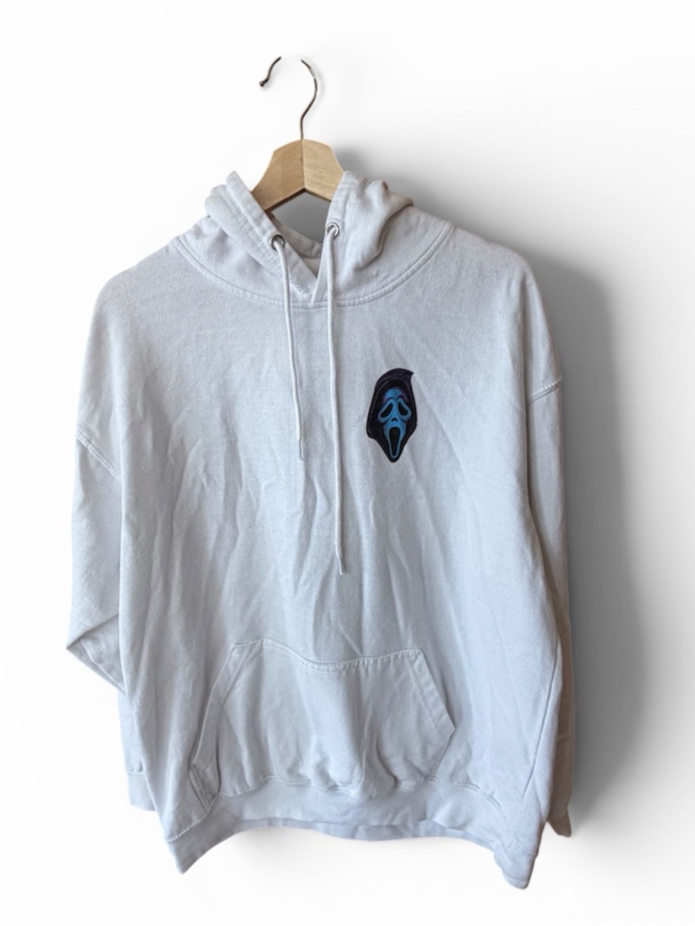 Ghostface Men’s White Hoodie with Small Blue Mask Graphic Sz XL